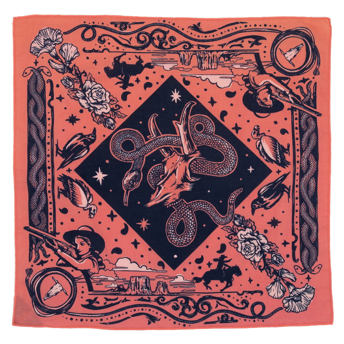 Bandits Rattle & Hiss bandana by Nuri Amanatullah featuring a coiled rattlesnake around a longhorn skull, surrounded by desert birds, wildflowers, stars, and Southwestern-inspired illustrations.