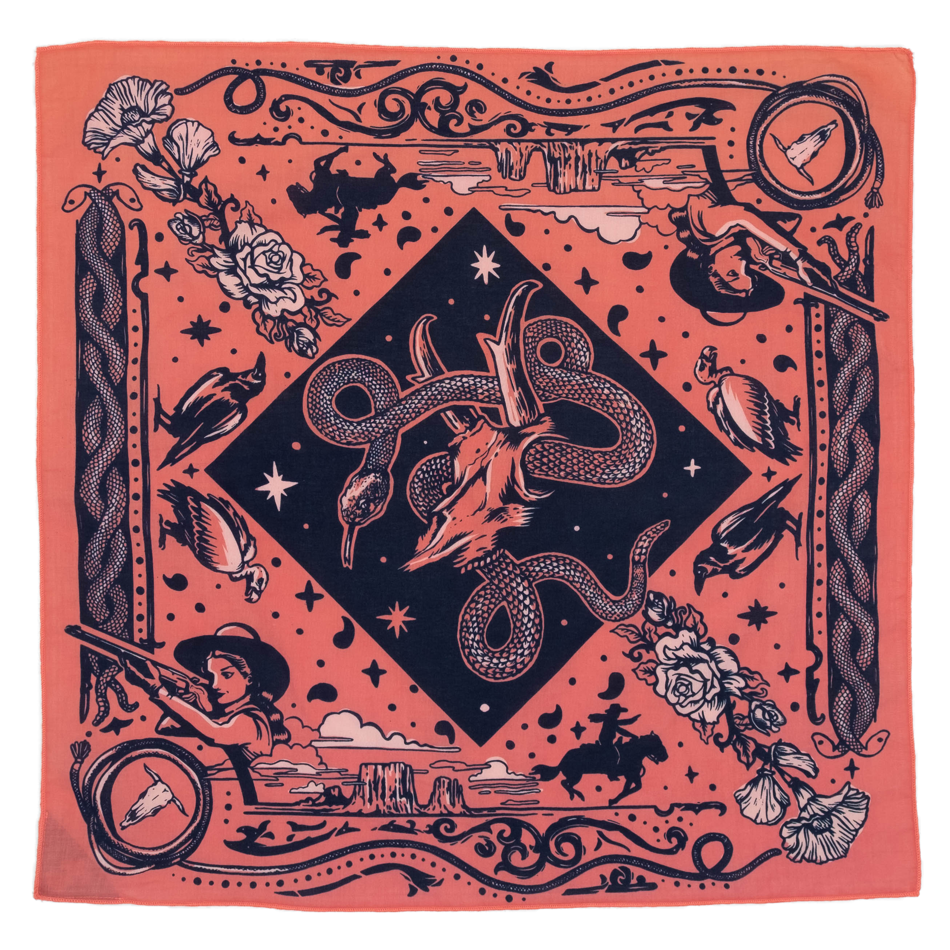 Bandits Rattle & Hiss bandana by Nuri Amanatullah featuring a coiled rattlesnake around a longhorn skull, surrounded by desert birds, wildflowers, stars, and Southwestern-inspired illustrations.