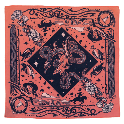 Bandits Rattle & Hiss bandana by Nuri Amanatullah featuring a coiled rattlesnake around a longhorn skull, surrounded by desert birds, wildflowers, stars, and Southwestern-inspired illustrations.
