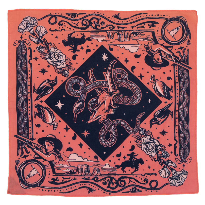 Bandits Rattle & Hiss bandana by Nuri Amanatullah featuring a coiled rattlesnake around a longhorn skull, surrounded by desert birds, wildflowers, stars, and Southwestern-inspired illustrations.