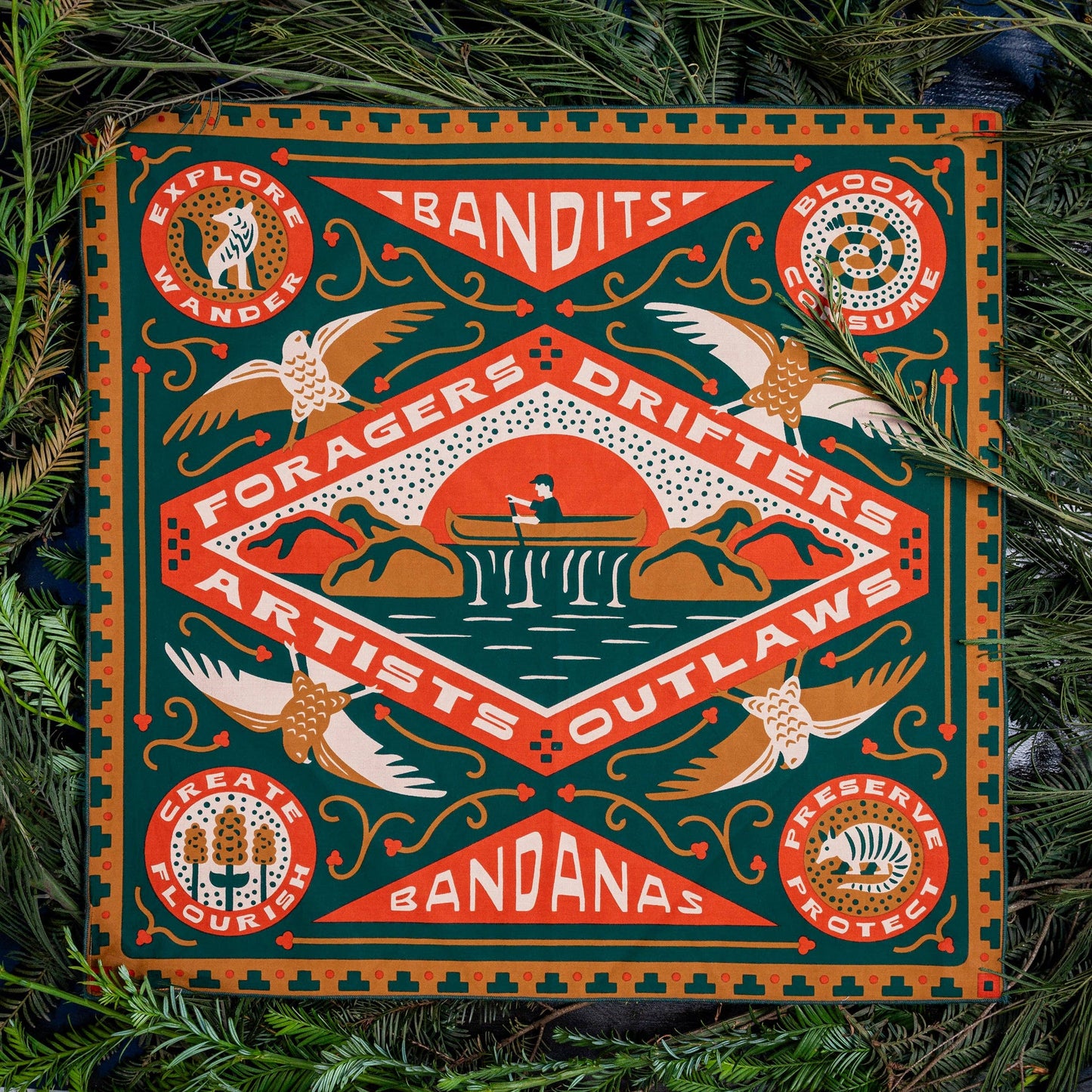 Bandits Greenbelt bandana by Sam Larson featuring a kayaker on Barton Creek surrounded by birds, pinecones, and nature-inspired typography celebrating exploration and conservation.