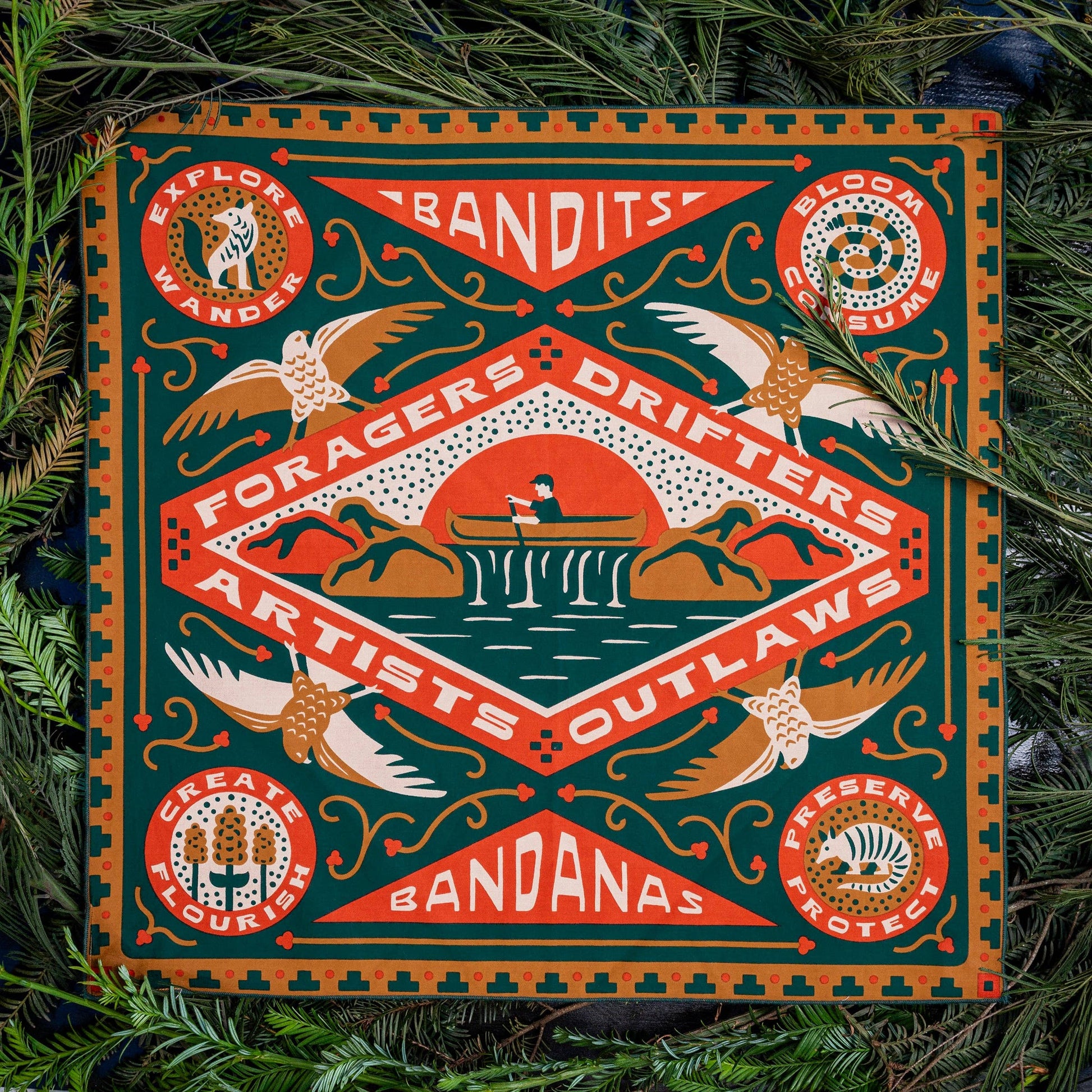 Bandits Greenbelt bandana by Sam Larson featuring a kayaker on Barton Creek surrounded by birds, pinecones, and nature-inspired typography celebrating exploration and conservation.