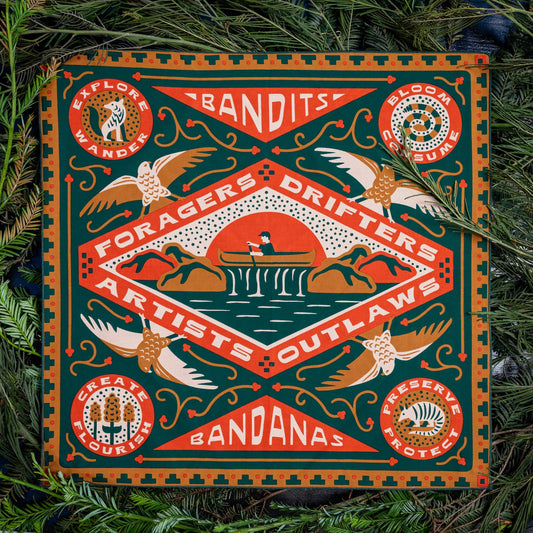 Bandits Greenbelt bandana by Sam Larson featuring a kayaker on Barton Creek surrounded by birds, pinecones, and nature-inspired typography celebrating exploration and conservation.