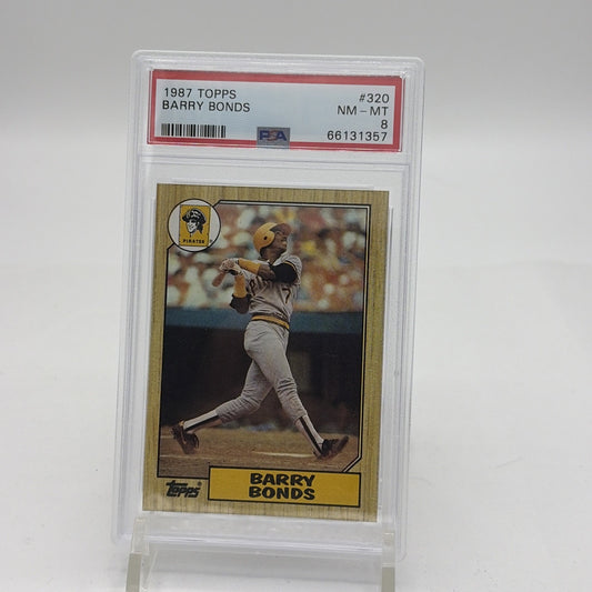 1987 Topps - Barry Bonds #320 (RC) PSA 8 1987 Topps Barry Bonds number 320 rookie card graded PSA 8 featuring the Hall of Fame Pittsburgh Pirates outfielder
