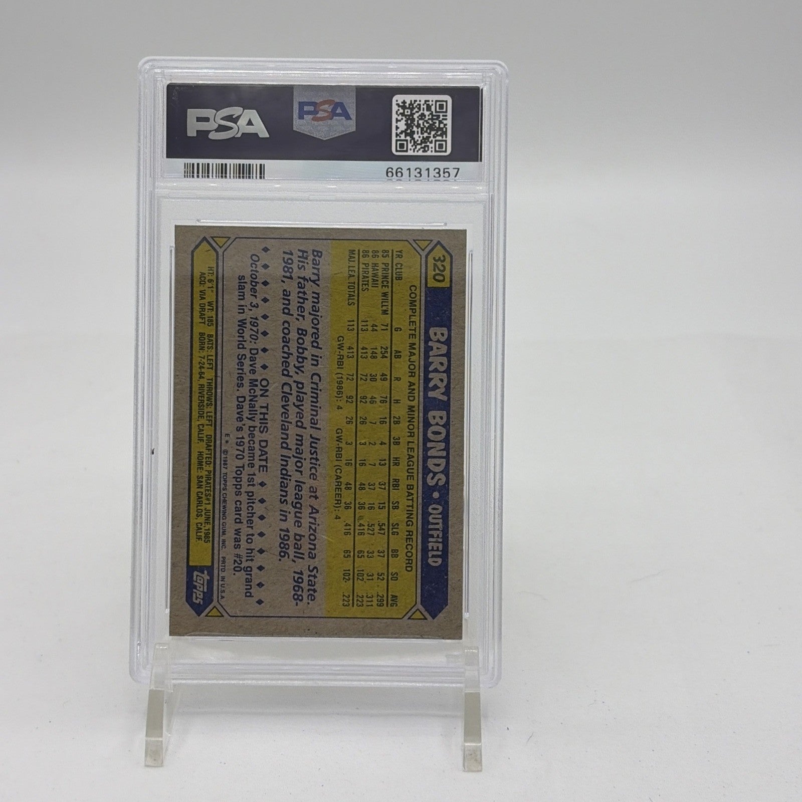 1987 Topps - Barry Bonds #320 (RC) PSA 8 1987 Topps Barry Bonds number 320 rookie card graded PSA 8 featuring the Hall of Fame Pittsburgh Pirates outfielder