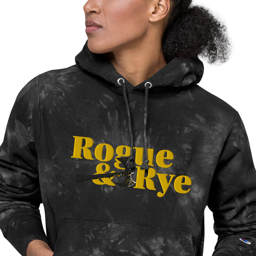 rogue and rye tie-dye hoodie, battle axe champion hoodie, fantasy streetwear, unisex tie-dye gamer hoodie, reverse weave fleece sweatshirt, rpg themed hoodie, rogue and rye merch, champion battle axe hoodie, heavy fleece game night hoodie, tie-dye hoodie for adventurers, embroidered champion fantasy hoodie, shrink-resistant hoodie, unique pattern champion sweatshirt