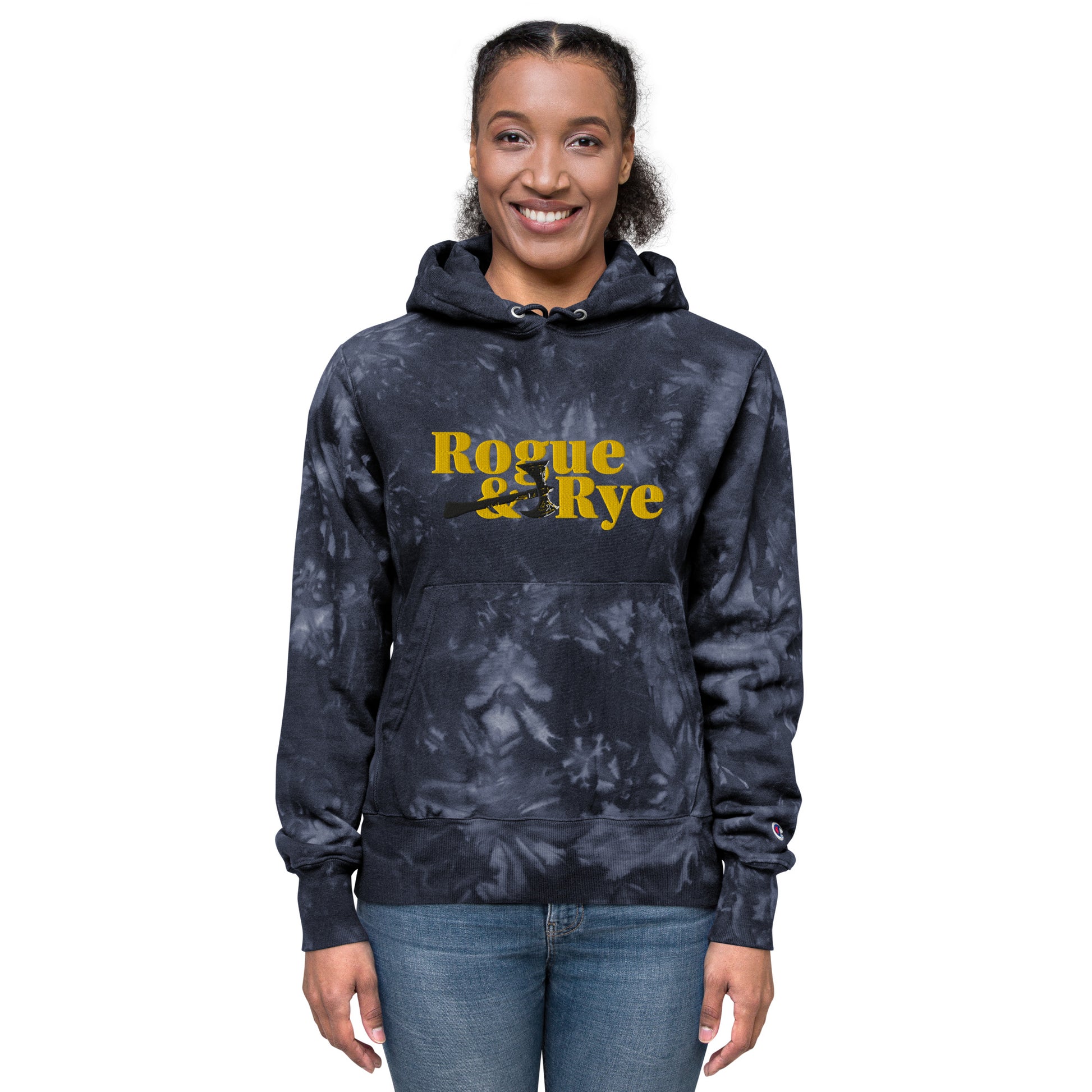 rogue and rye tie-dye hoodie, battle axe champion hoodie, fantasy streetwear, unisex tie-dye gamer hoodie, reverse weave fleece sweatshirt, rpg themed hoodie, rogue and rye merch, champion battle axe hoodie, heavy fleece game night hoodie, tie-dye hoodie for adventurers, embroidered champion fantasy hoodie, shrink-resistant hoodie, unique pattern champion sweatshirt