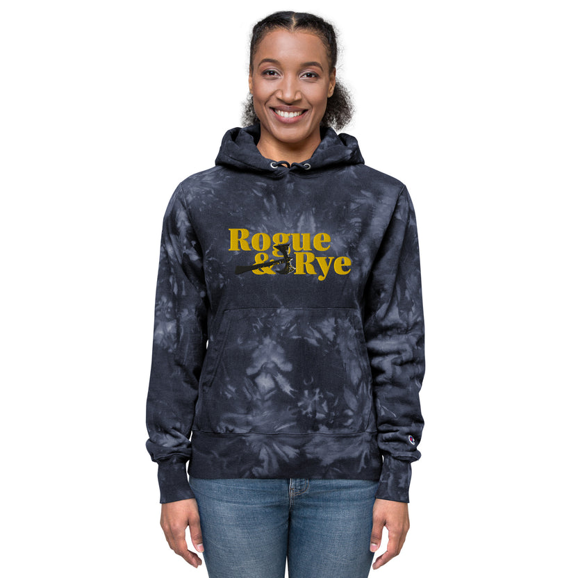 rogue and rye tie-dye hoodie, battle axe champion hoodie, fantasy streetwear, unisex tie-dye gamer hoodie, reverse weave fleece sweatshirt, rpg themed hoodie, rogue and rye merch, champion battle axe hoodie, heavy fleece game night hoodie, tie-dye hoodie for adventurers, embroidered champion fantasy hoodie, shrink-resistant hoodie, unique pattern champion sweatshirt