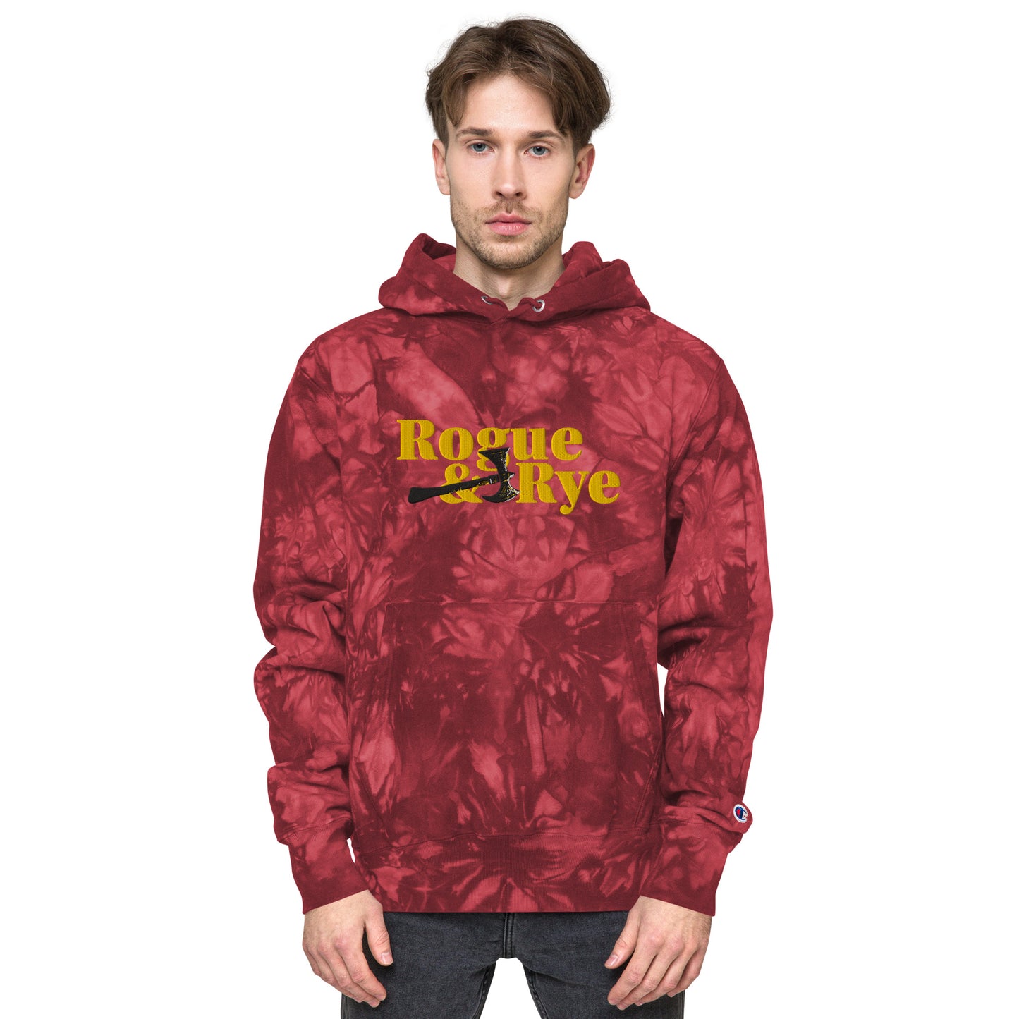 rogue and rye tie-dye hoodie, battle axe champion hoodie, fantasy streetwear, unisex tie-dye gamer hoodie, reverse weave fleece sweatshirt, rpg themed hoodie, rogue and rye merch, champion battle axe hoodie, heavy fleece game night hoodie, tie-dye hoodie for adventurers, embroidered champion fantasy hoodie, shrink-resistant hoodie, unique pattern champion sweatshirt