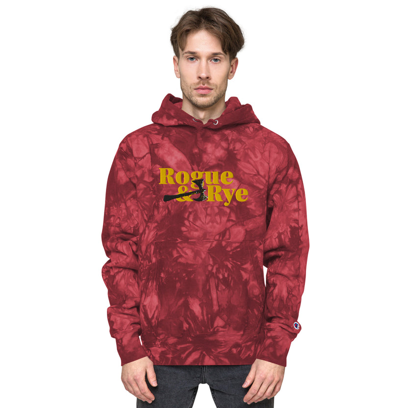 rogue and rye tie-dye hoodie, battle axe champion hoodie, fantasy streetwear, unisex tie-dye gamer hoodie, reverse weave fleece sweatshirt, rpg themed hoodie, rogue and rye merch, champion battle axe hoodie, heavy fleece game night hoodie, tie-dye hoodie for adventurers, embroidered champion fantasy hoodie, shrink-resistant hoodie, unique pattern champion sweatshirt