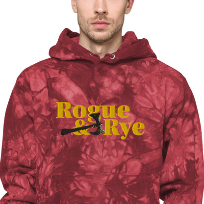 rogue and rye tie-dye hoodie, battle axe champion hoodie, fantasy streetwear, unisex tie-dye gamer hoodie, reverse weave fleece sweatshirt, rpg themed hoodie, rogue and rye merch, champion battle axe hoodie, heavy fleece game night hoodie, tie-dye hoodie for adventurers, embroidered champion fantasy hoodie, shrink-resistant hoodie, unique pattern champion sweatshirt