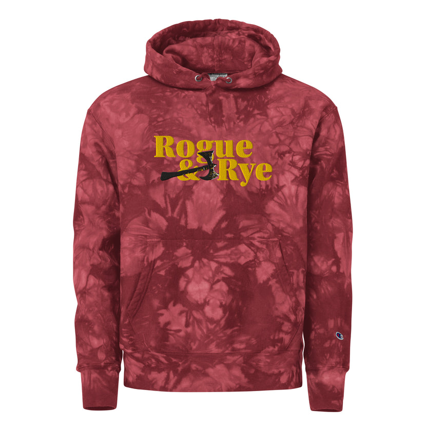 rogue and rye tie-dye hoodie, battle axe champion hoodie, fantasy streetwear, unisex tie-dye gamer hoodie, reverse weave fleece sweatshirt, rpg themed hoodie, rogue and rye merch, champion battle axe hoodie, heavy fleece game night hoodie, tie-dye hoodie for adventurers, embroidered champion fantasy hoodie, shrink-resistant hoodie, unique pattern champion sweatshirt