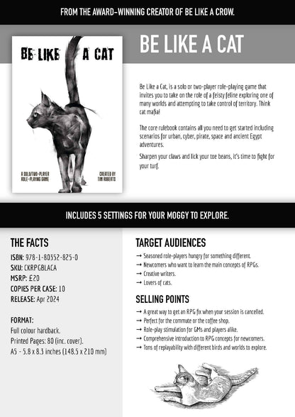 Be Like a Cat TTRPG, solo cat RPG game, cat-themed roleplaying game, two-player cat TTRPG, cat mafia RPG, Be Like a Cat rulebook, cat solo journaling RPG, cyber cat RPG, space cat TTRPG, hardback solo RPG book
