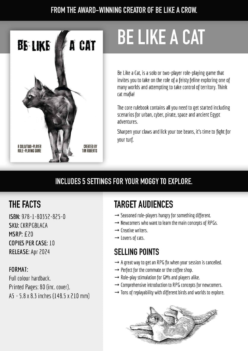 Be Like a Cat TTRPG, solo cat RPG game, cat-themed roleplaying game, two-player cat TTRPG, cat mafia RPG, Be Like a Cat rulebook, cat solo journaling RPG, cyber cat RPG, space cat TTRPG, hardback solo RPG book