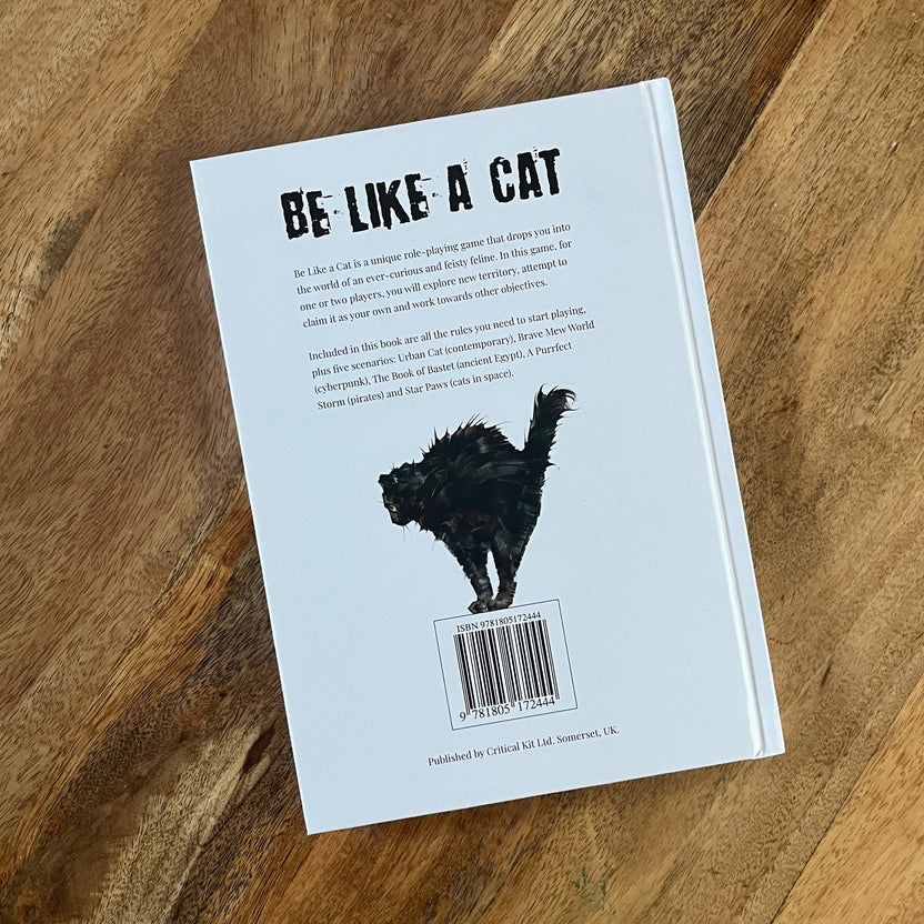 Be Like a Cat TTRPG, solo cat RPG game, cat-themed roleplaying game, two-player cat TTRPG, cat mafia RPG, Be Like a Cat rulebook, cat solo journaling RPG, cyber cat RPG, space cat TTRPG, hardback solo RPG book