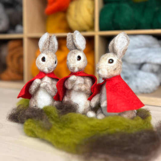 Beatrix Potter needle felting kit, Flopsy Mopsy and Cottontail craft kit, DIY Beatrix Potter characters, licensed Peter Rabbit felting kit, wool felting animals kit, intermediate needle felting project, storybook animal needle felt kit, The Crafty Kit Company UK, handmade in Scotland needle felting, Corriedale wool animal felting kit