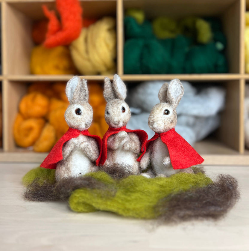 Beatrix Potter needle felting kit, Flopsy Mopsy and Cottontail craft kit, DIY Beatrix Potter characters, licensed Peter Rabbit felting kit, wool felting animals kit, intermediate needle felting project, storybook animal needle felt kit, The Crafty Kit Company UK, handmade in Scotland needle felting, Corriedale wool animal felting kit