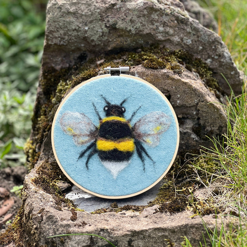bee needle felting kit, bee in a hoop craft kit, painting with wool kit, crafty kit company bee, beginner felting project, corriedale wool felting kit, felt bee art kit, embroidery hoop felt kit, diy bee wall art, scottish needle felting kit, wool art for beginners, 2d felting kit, bee craft kit for adults, eco-friendly felting kit, felted bee gift idea