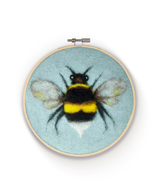 bee needle felting kit, bee in a hoop craft kit, painting with wool kit, crafty kit company bee, beginner felting project, corriedale wool felting kit, felt bee art kit, embroidery hoop felt kit, diy bee wall art, scottish needle felting kit, wool art for beginners, 2d felting kit, bee craft kit for adults, eco-friendly felting kit, felted bee gift idea