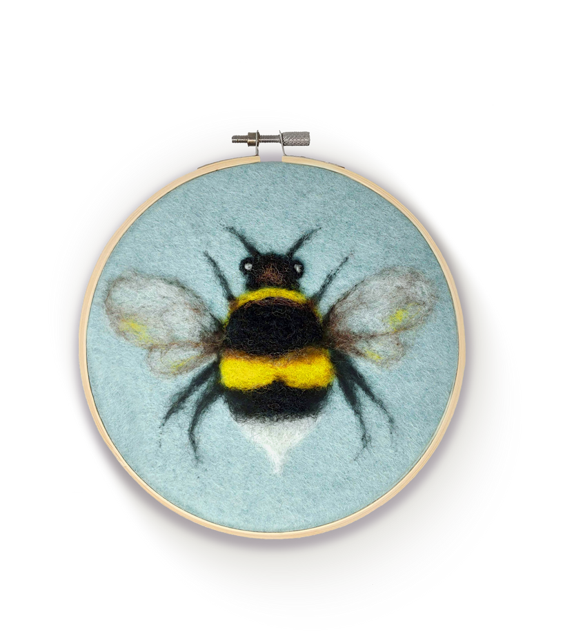bee needle felting kit, bee in a hoop craft kit, painting with wool kit, crafty kit company bee, beginner felting project, corriedale wool felting kit, felt bee art kit, embroidery hoop felt kit, diy bee wall art, scottish needle felting kit, wool art for beginners, 2d felting kit, bee craft kit for adults, eco-friendly felting kit, felted bee gift idea