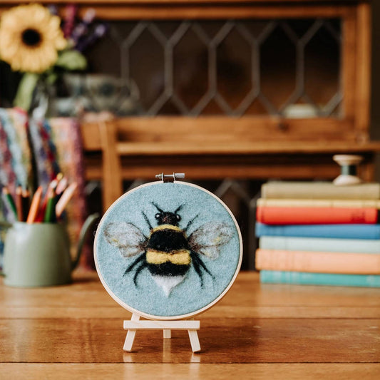bee needle felting kit, bee in a hoop craft kit, painting with wool kit, crafty kit company bee, beginner felting project, corriedale wool felting kit, felt bee art kit, embroidery hoop felt kit, diy bee wall art, scottish needle felting kit, wool art for beginners, 2d felting kit, bee craft kit for adults, eco-friendly felting kit, felted bee gift idea
