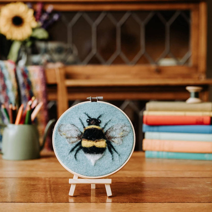 bee needle felting kit, bee in a hoop craft kit, painting with wool kit, crafty kit company bee, beginner felting project, corriedale wool felting kit, felt bee art kit, embroidery hoop felt kit, diy bee wall art, scottish needle felting kit, wool art for beginners, 2d felting kit, bee craft kit for adults, eco-friendly felting kit, felted bee gift idea