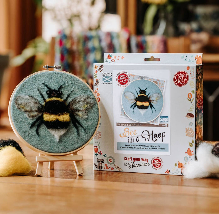 bee needle felting kit, bee in a hoop craft kit, painting with wool kit, crafty kit company bee, beginner felting project, corriedale wool felting kit, felt bee art kit, embroidery hoop felt kit, diy bee wall art, scottish needle felting kit, wool art for beginners, 2d felting kit, bee craft kit for adults, eco-friendly felting kit, felted bee gift idea