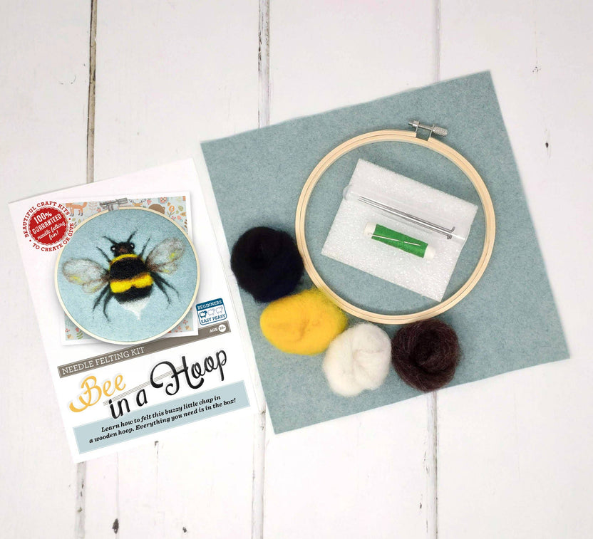 bee needle felting kit, bee in a hoop craft kit, painting with wool kit, crafty kit company bee, beginner felting project, corriedale wool felting kit, felt bee art kit, embroidery hoop felt kit, diy bee wall art, scottish needle felting kit, wool art for beginners, 2d felting kit, bee craft kit for adults, eco-friendly felting kit, felted bee gift idea