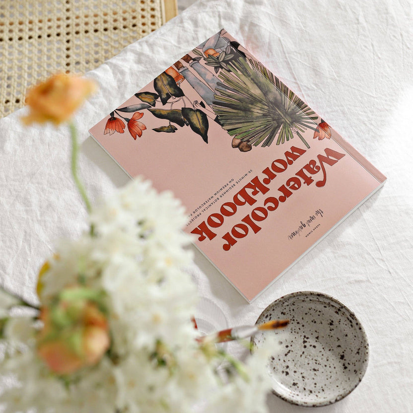 beginner watercolor workbook, botanical watercolor guide, floral painting book, watercolor book for adults, paint-in watercolor book, Sarah Simon watercolor, watercolor practice book, watercolor paper book, easy watercolor flowers, 30-minute art projects