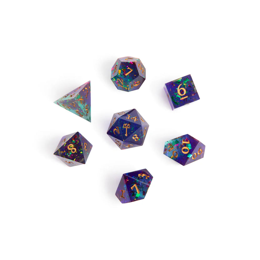 Ashton Greymoore dice set, Bells Hells Critical Role dice, purple iridescent DnD dice, maul icon d20, Critical Role official dice, Taliesin Jaffe character dice, epoxy resin polyhedral dice, sharp-edged fantasy dice, RPG dice set Critical Role, Die Hard Dice collaboration