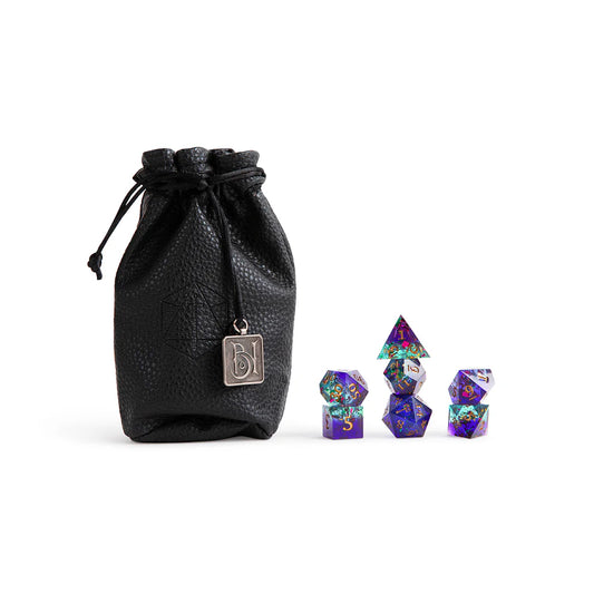 Ashton Greymoore dice set, Bells Hells Critical Role dice, purple iridescent DnD dice, maul icon d20, Critical Role official dice, Taliesin Jaffe character dice, epoxy resin polyhedral dice, sharp-edged fantasy dice, RPG dice set Critical Role, Die Hard Dice collaboration