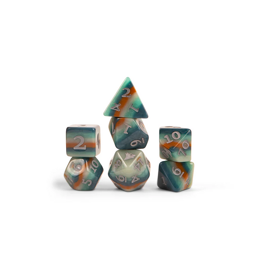 Chetney Pock O'Pea dice set, Bells Hells Critical Role dice, multicolored polyhedral DnD dice, howling wolf d20 icon, rustic green gold grey dice, official Critical Role dice, Die Hard Dice Critical Role set, werewolf DnD dice, Chetney DnD character dice