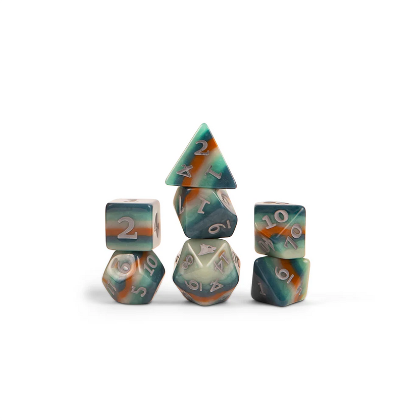 Chetney Pock O'Pea dice set, Bells Hells Critical Role dice, multicolored polyhedral DnD dice, howling wolf d20 icon, rustic green gold grey dice, official Critical Role dice, Die Hard Dice Critical Role set, werewolf DnD dice, Chetney DnD character dice