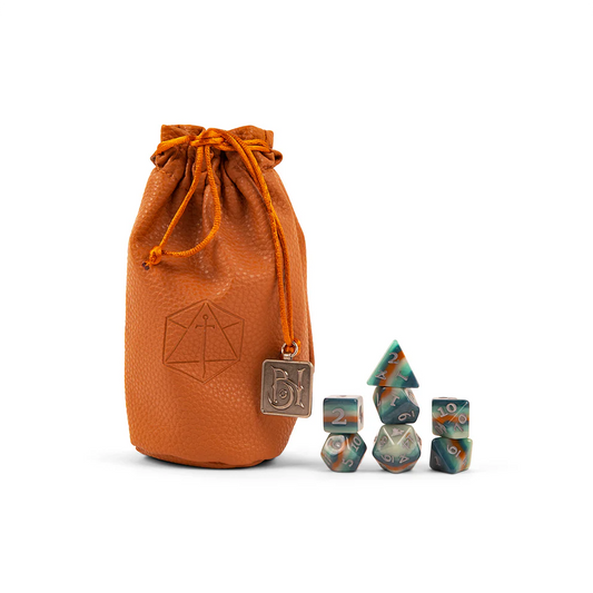 Chetney Pock O'Pea dice set, Bells Hells Critical Role dice, multicolored polyhedral DnD dice, howling wolf d20 icon, rustic green gold grey dice, official Critical Role dice, Die Hard Dice Critical Role set, werewolf DnD dice, Chetney DnD character dice
