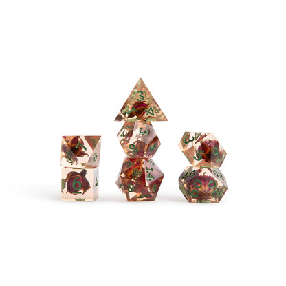 Fearne Calloway dice set, Critical Role Bells Hells dice, Exandria Unlimited dice, sharp-edged DnD dice, flower and gold leaf dice, Little Mister d20 icon, Ashley Johnson character dice, Bells Hells polyhedral dice, Critical Role official dice, fantasy resin dice set