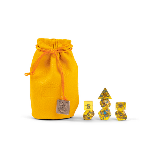 Fresh Cut Grass dice set, Bells Hells Critical Role dice, translucent yellow DnD dice, dice with tiny gears, saw icon d20, Critical Role official dice set, automaton character dice, resin polyhedral dice set, FCG dice Critical Role, Leia Rondeau dice design