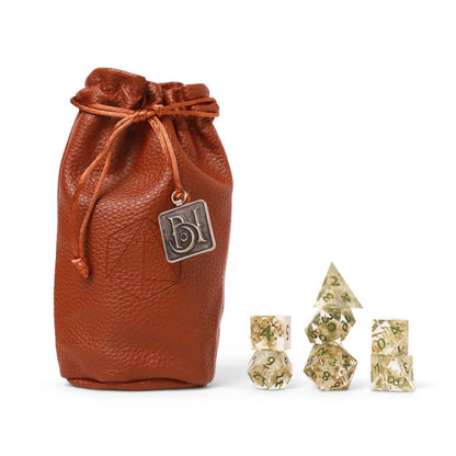 Orym dice set, Air Ashari Critical Role dice, Bells Hells DnD dice, translucent dice with white flowers, crescent moon d20 icon, official Critical Role dice, Die Hard Dice Critical Role set, nature-themed DnD dice, sharp-edged resin polyhedral dice