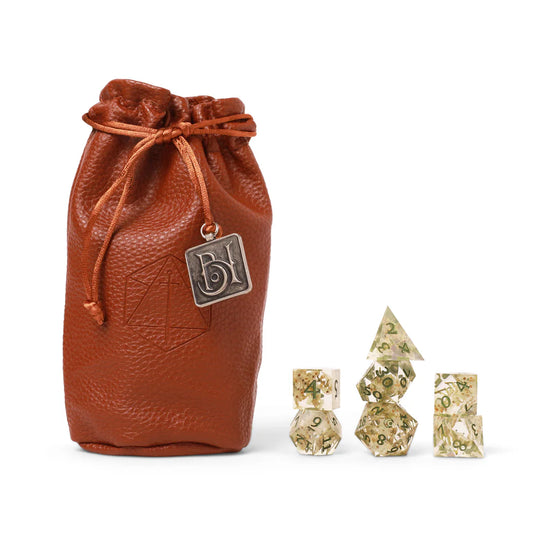 Orym dice set, Air Ashari Critical Role dice, Bells Hells DnD dice, translucent dice with white flowers, crescent moon d20 icon, official Critical Role dice, Die Hard Dice Critical Role set, nature-themed DnD dice, sharp-edged resin polyhedral dice