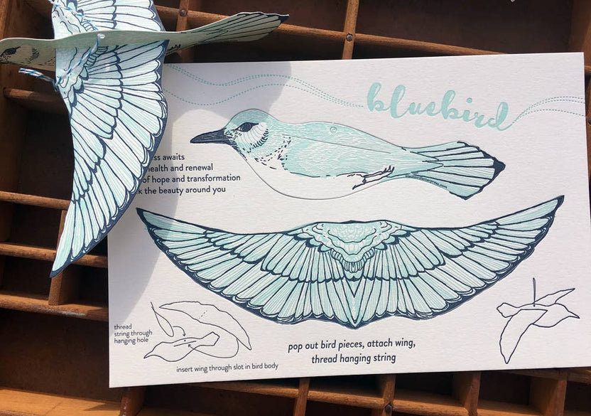 bluebird pop-out card, letterpress bluebird greeting card, bluebird symbolism happiness, renewal bird card, cotton paper pop-out card, light and dark blue letterpress, 3d bird ornament card, displayable bird paper craft, woodland bird greeting card, birthday bluebird card, artisan letterpress stationery, hanging bird ornament card, blackbird letterpress pop-out collection, rogue & rye nature cards, symbolic bird greeting card