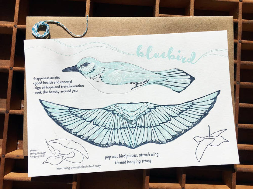 bluebird pop-out card, letterpress bluebird greeting card, bluebird symbolism happiness, renewal bird card, cotton paper pop-out card, light and dark blue letterpress, 3d bird ornament card, displayable bird paper craft, woodland bird greeting card, birthday bluebird card, artisan letterpress stationery, hanging bird ornament card, blackbird letterpress pop-out collection, rogue & rye nature cards, symbolic bird greeting card