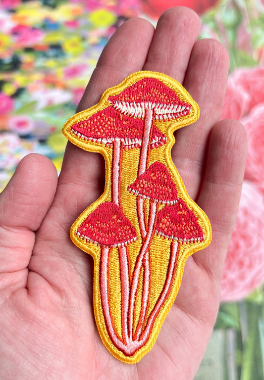 bonnet mushroom patch, embroidered mushroom patch, linocut mushroom illustration, Élise Lassonde art, mushroom iron-on patch, fungi sew-on patch, woodland embroidered patch, tall mushroom applique, backpack patch mushroom, cottagecore mushroom accessory, artisan embroidered patch, blackbird letterpress patch, nature lover gift, rogue & rye mushroom collection, embroidered bonnet mushroom