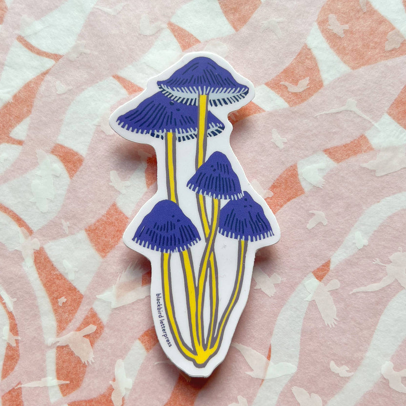 bonnet mushroom sticker, mushroom vinyl sticker, linocut mushroom art, Élise Lassonde illustration, Blackbird Letterpress sticker, die-cut matte vinyl sticker, waterproof mushroom sticker, weatherproof vinyl sticker, fungi lover gift, nature sticker, forest floor art, botanical vinyl decal, durable laptop sticker, water bottle sticker, small maker stationery, artisan sticker design, Rogue & Rye sticker, handcrafted illustration sticker, made in USA vinyl sticker