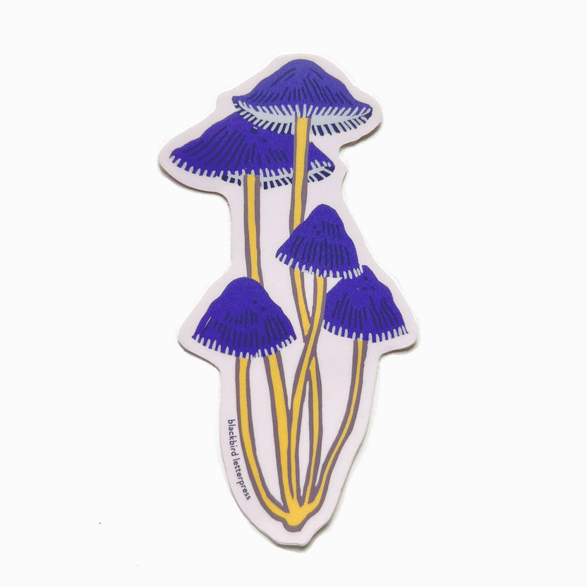 bonnet mushroom sticker, mushroom vinyl sticker, linocut mushroom art, Élise Lassonde illustration, Blackbird Letterpress sticker, die-cut matte vinyl sticker, waterproof mushroom sticker, weatherproof vinyl sticker, fungi lover gift, nature sticker, forest floor art, botanical vinyl decal, durable laptop sticker, water bottle sticker, small maker stationery, artisan sticker design, Rogue & Rye sticker, handcrafted illustration sticker, made in USA vinyl sticker