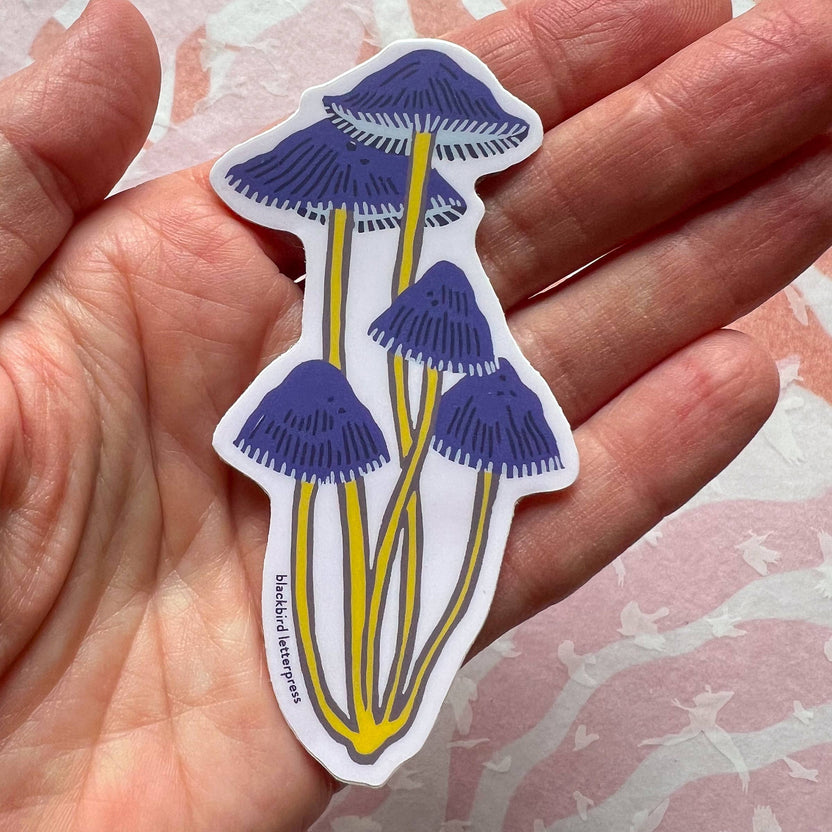 bonnet mushroom sticker, mushroom vinyl sticker, linocut mushroom art, Élise Lassonde illustration, Blackbird Letterpress sticker, die-cut matte vinyl sticker, waterproof mushroom sticker, weatherproof vinyl sticker, fungi lover gift, nature sticker, forest floor art, botanical vinyl decal, durable laptop sticker, water bottle sticker, small maker stationery, artisan sticker design, Rogue & Rye sticker, handcrafted illustration sticker, made in USA vinyl sticker