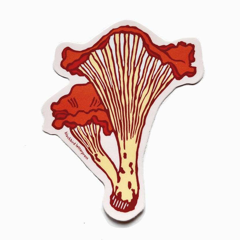 chanterelle mushroom sticker, mushroom vinyl sticker, fungi vinyl decal, linocut mushroom illustration, Élise Lassonde art, Blackbird Letterpress sticker, matte vinyl die-cut sticker, waterproof mushroom sticker, weatherproof uv-protected sticker, forager gift, forest mushroom art, botanical sticker, durable laptop decal, water bottle sticker, artisan paper goods, small-batch maker sticker, Rogue & Rye sticker collection, wild mushroom illustration, made in USA vinyl sticker