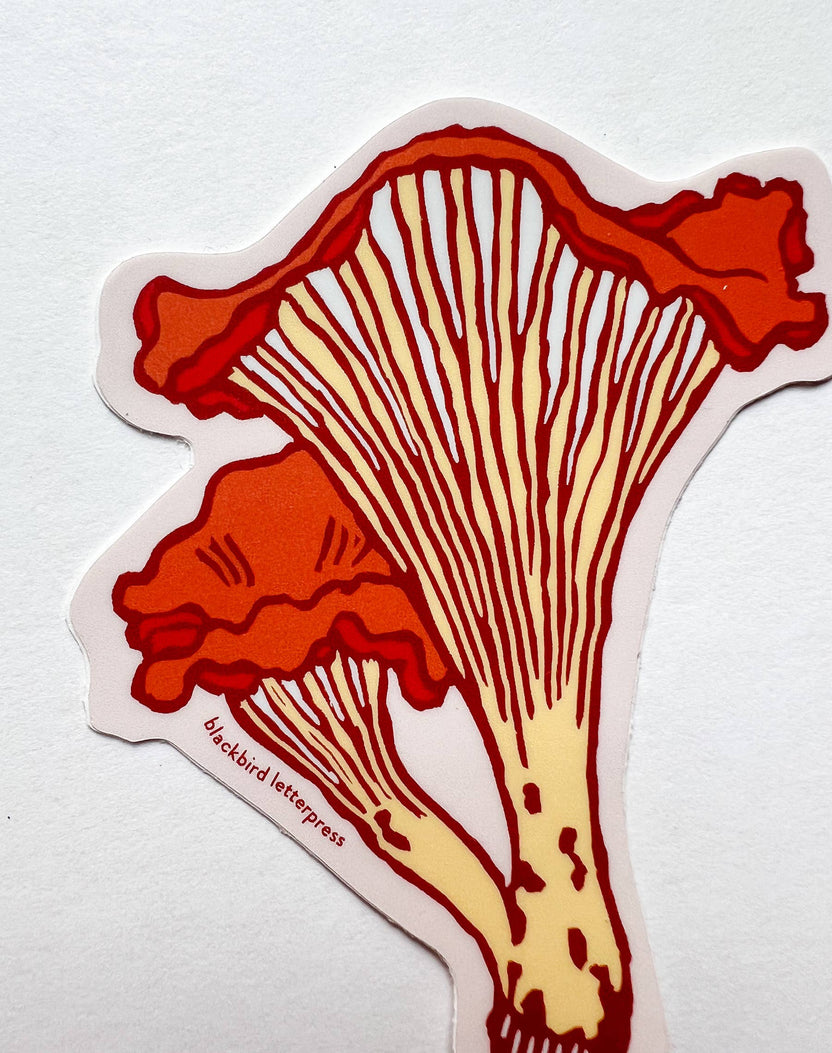 chanterelle mushroom sticker, mushroom vinyl sticker, fungi vinyl decal, linocut mushroom illustration, Élise Lassonde art, Blackbird Letterpress sticker, matte vinyl die-cut sticker, waterproof mushroom sticker, weatherproof uv-protected sticker, forager gift, forest mushroom art, botanical sticker, durable laptop decal, water bottle sticker, artisan paper goods, small-batch maker sticker, Rogue & Rye sticker collection, wild mushroom illustration, made in USA vinyl sticker