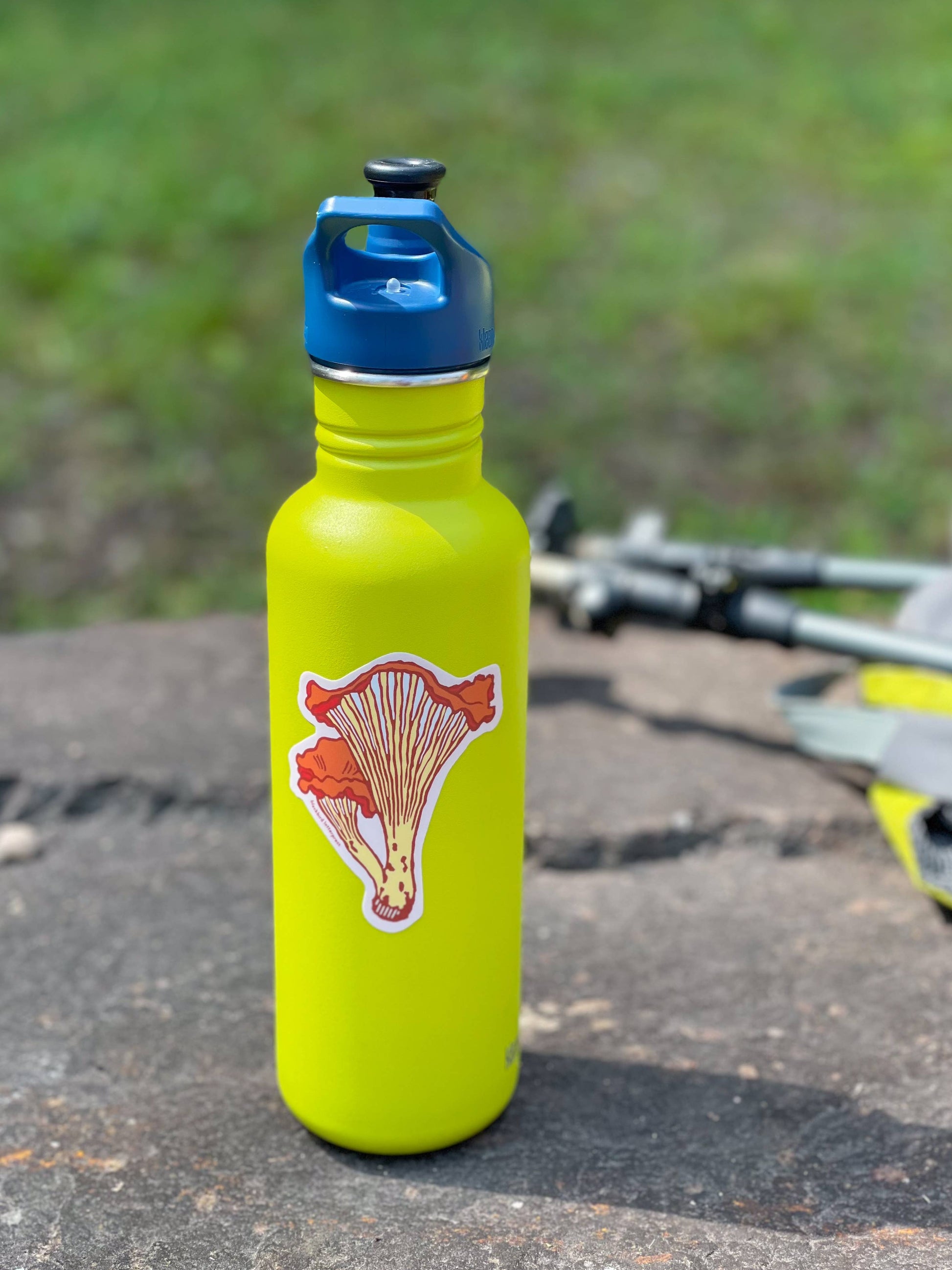 chanterelle mushroom sticker, mushroom vinyl sticker, fungi vinyl decal, linocut mushroom illustration, Élise Lassonde art, Blackbird Letterpress sticker, matte vinyl die-cut sticker, waterproof mushroom sticker, weatherproof uv-protected sticker, forager gift, forest mushroom art, botanical sticker, durable laptop decal, water bottle sticker, artisan paper goods, small-batch maker sticker, Rogue & Rye sticker collection, wild mushroom illustration, made in USA vinyl sticker