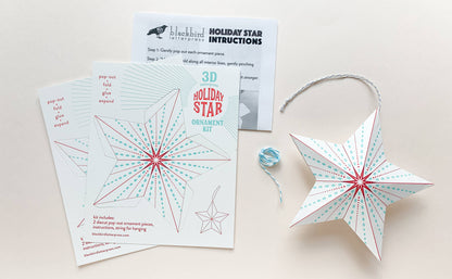 dotted holiday star kit, diy star ornament, letterpress holiday ornament, winter craft kit, recycled paper ornament, light blue and red letterpress, pop-out star craft, christmas diy paper craft, blackbird letterpress ornament kit, holiday craft for kids and adults, 3d paper star ornament, gift topper idea, handmade holiday décor, rogue & rye craft collection, easy diy holiday ornament
