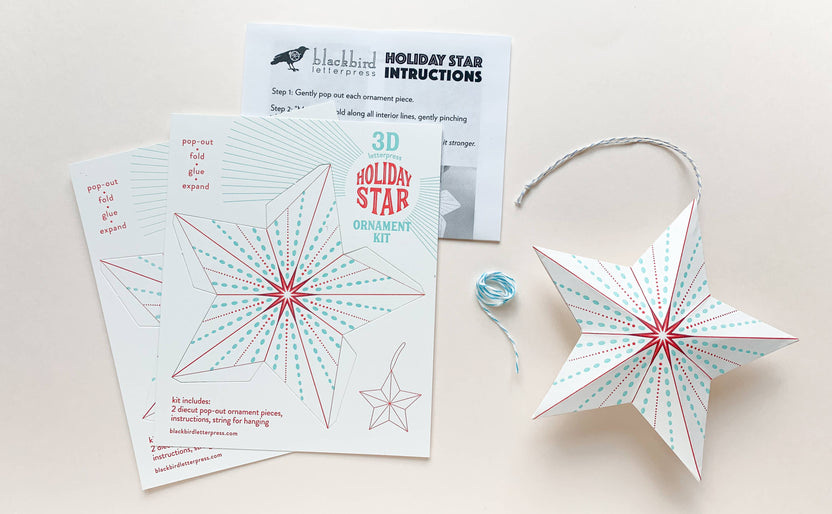 dotted holiday star kit, diy star ornament, letterpress holiday ornament, winter craft kit, recycled paper ornament, light blue and red letterpress, pop-out star craft, christmas diy paper craft, blackbird letterpress ornament kit, holiday craft for kids and adults, 3d paper star ornament, gift topper idea, handmade holiday décor, rogue & rye craft collection, easy diy holiday ornament