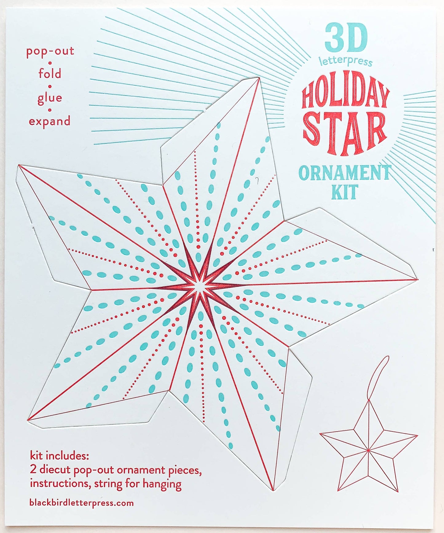 dotted holiday star kit, diy star ornament, letterpress holiday ornament, winter craft kit, recycled paper ornament, light blue and red letterpress, pop-out star craft, christmas diy paper craft, blackbird letterpress ornament kit, holiday craft for kids and adults, 3d paper star ornament, gift topper idea, handmade holiday décor, rogue & rye craft collection, easy diy holiday ornament